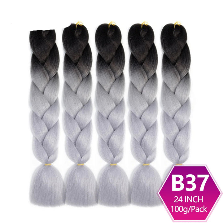 Five braided hair extensions with gradient color from black to gray