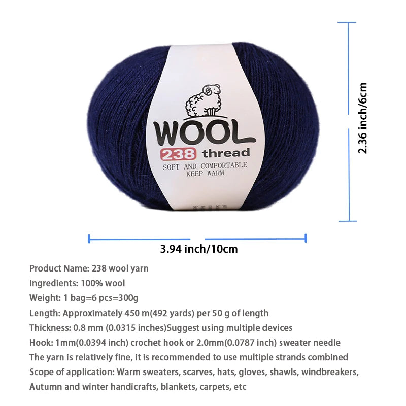 300g 100% Fine Wool Yarn Set – Soft Knitting Yarn for Sweaters, Scarves, Hats & DIY Crafts (6pcs Pack)
