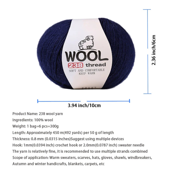 300g 100% Fine Wool Yarn Set – Soft Knitting Yarn for Sweaters, Scarves, Hats & DIY Crafts (6pcs Pack)