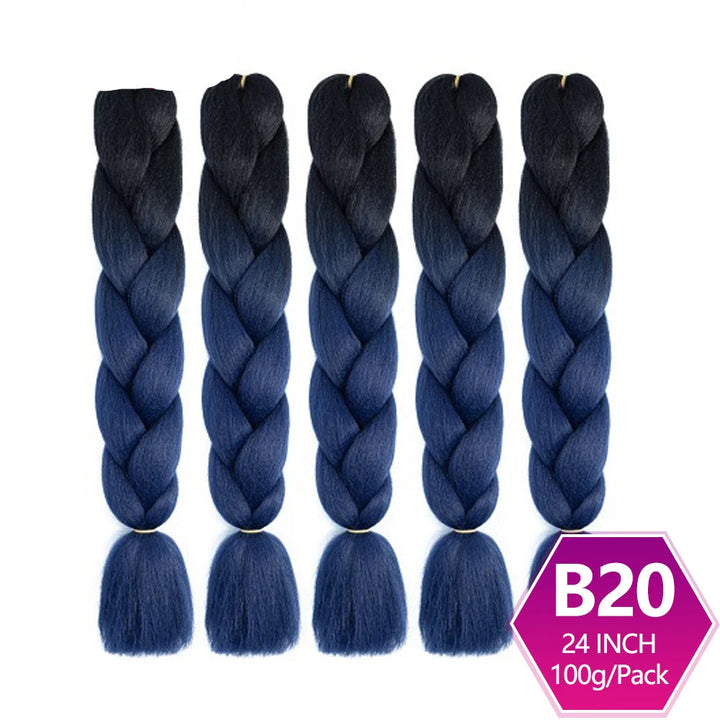Five braided hair extensions with a gradient from black to blue