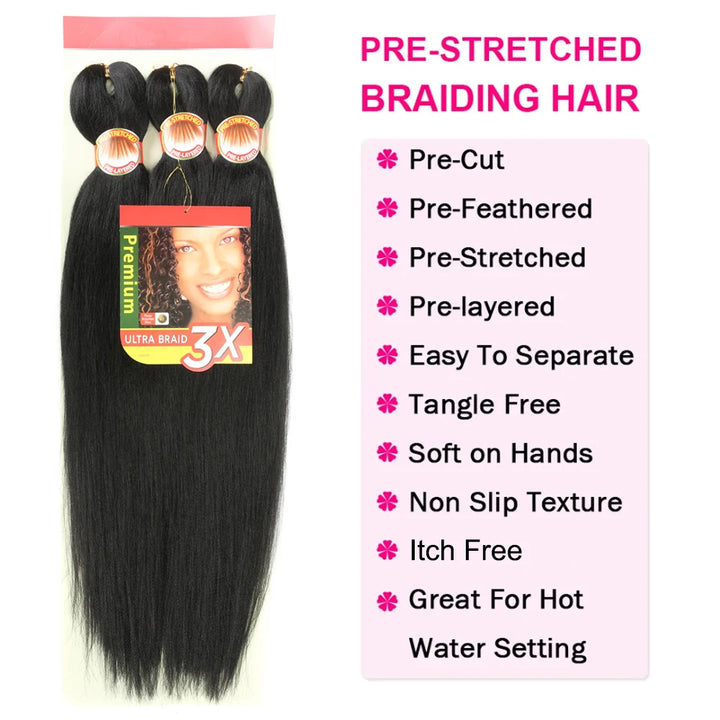 Pre-stretched braiding hair with a label on a white background