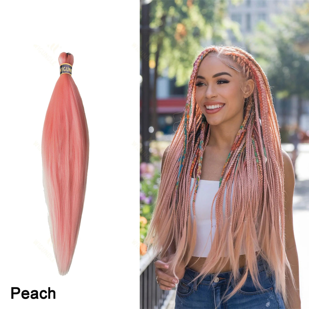 Woman with peach-colored braided hair standing outdoors, next to a strand of peach hair extensions.