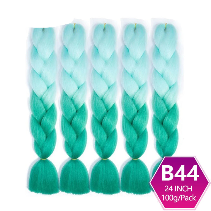 Five braided hair extensions with a gradient of green colors on a white background