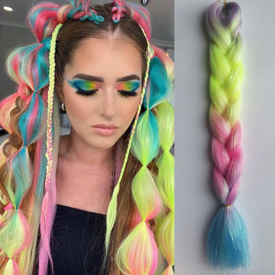 Purple, Pink & White 3-Tone Ombre Braiding Hair – Straight Jumbo Braids with Tinsel, Festival & Rave Hair Extensions for Girls (Crazy Hair Day)