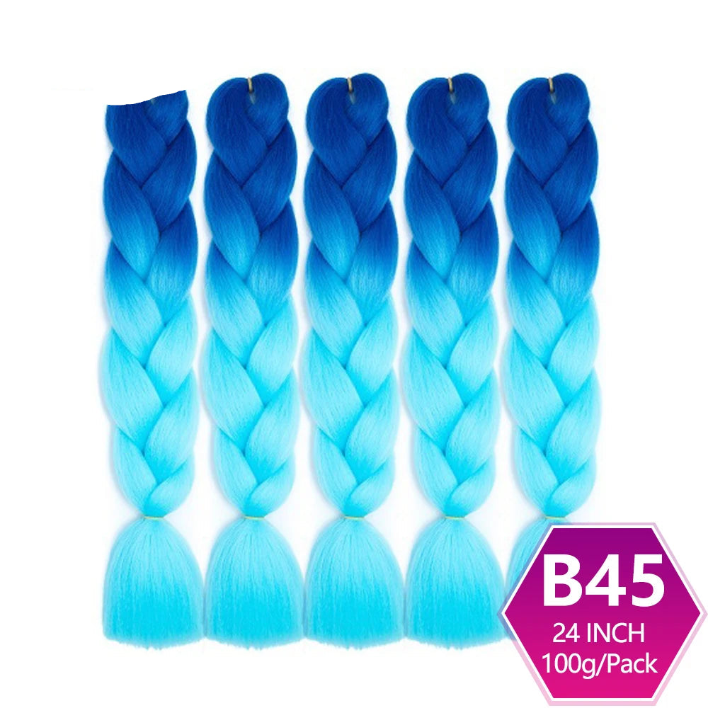 Five blue ombre braided hair extensions with on a white background.
