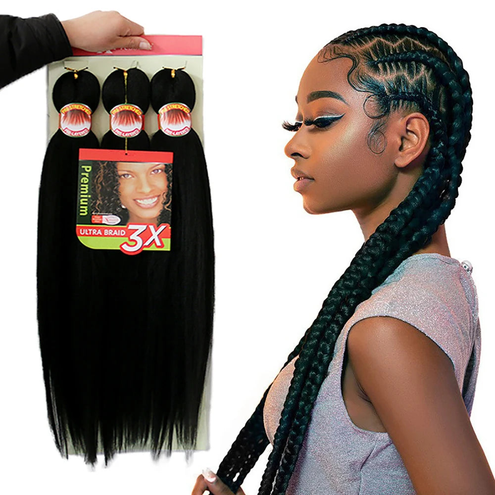 Hair extensions with a 3X brand package and a woman with braided hair.