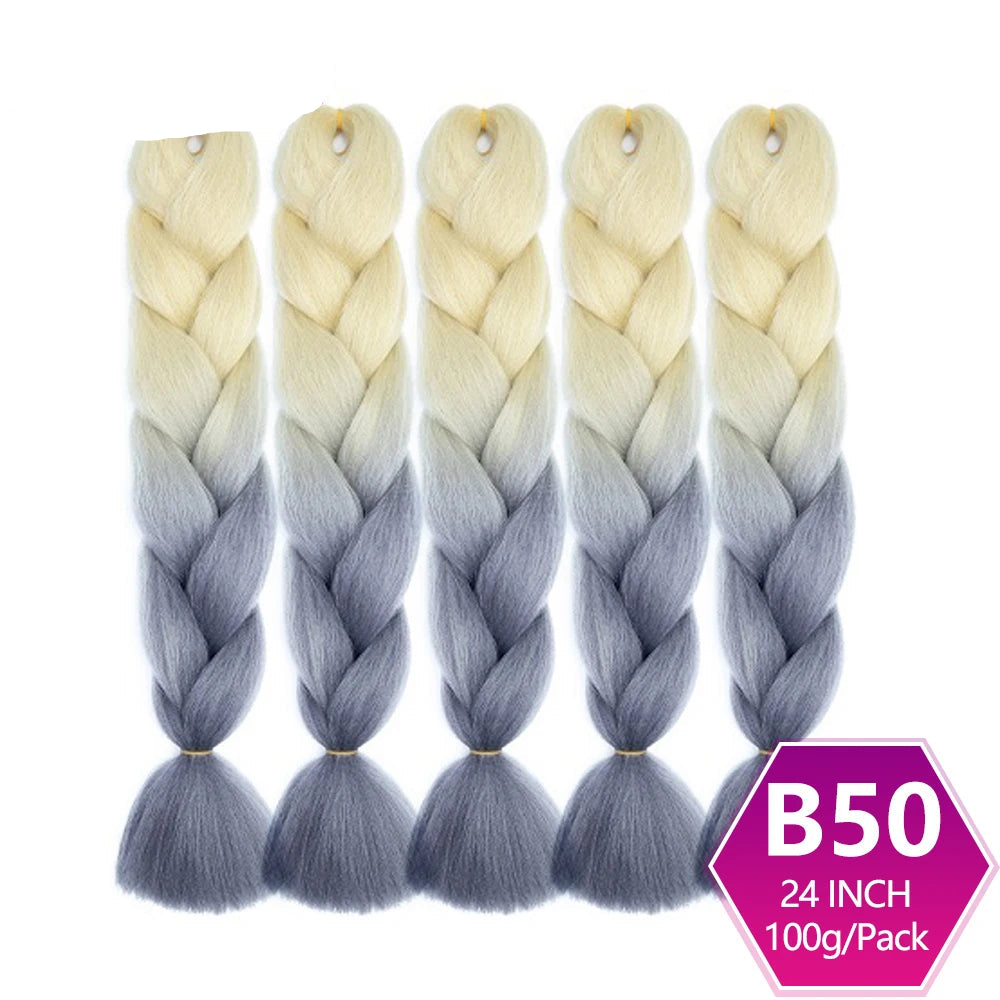 Five hair extensions with a gradient from blonde to gray, branded a white background.