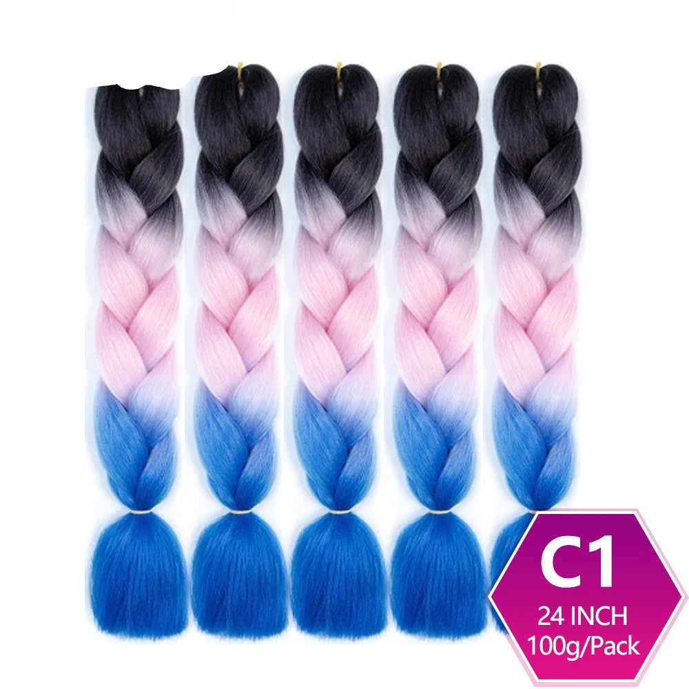 Set of braided hair extensions with gradient color from black to pink to blue