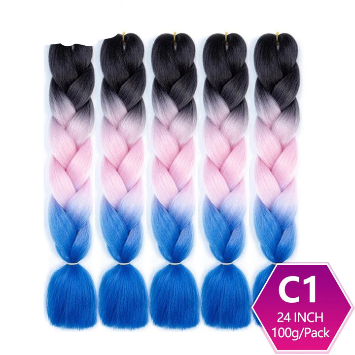 Set of braided hair extensions with gradient color from black to pink to blue
