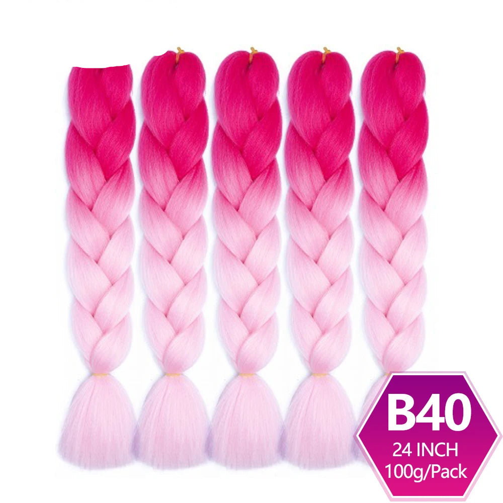 Five braided hair extensions with pink and purple ombre color on a white background