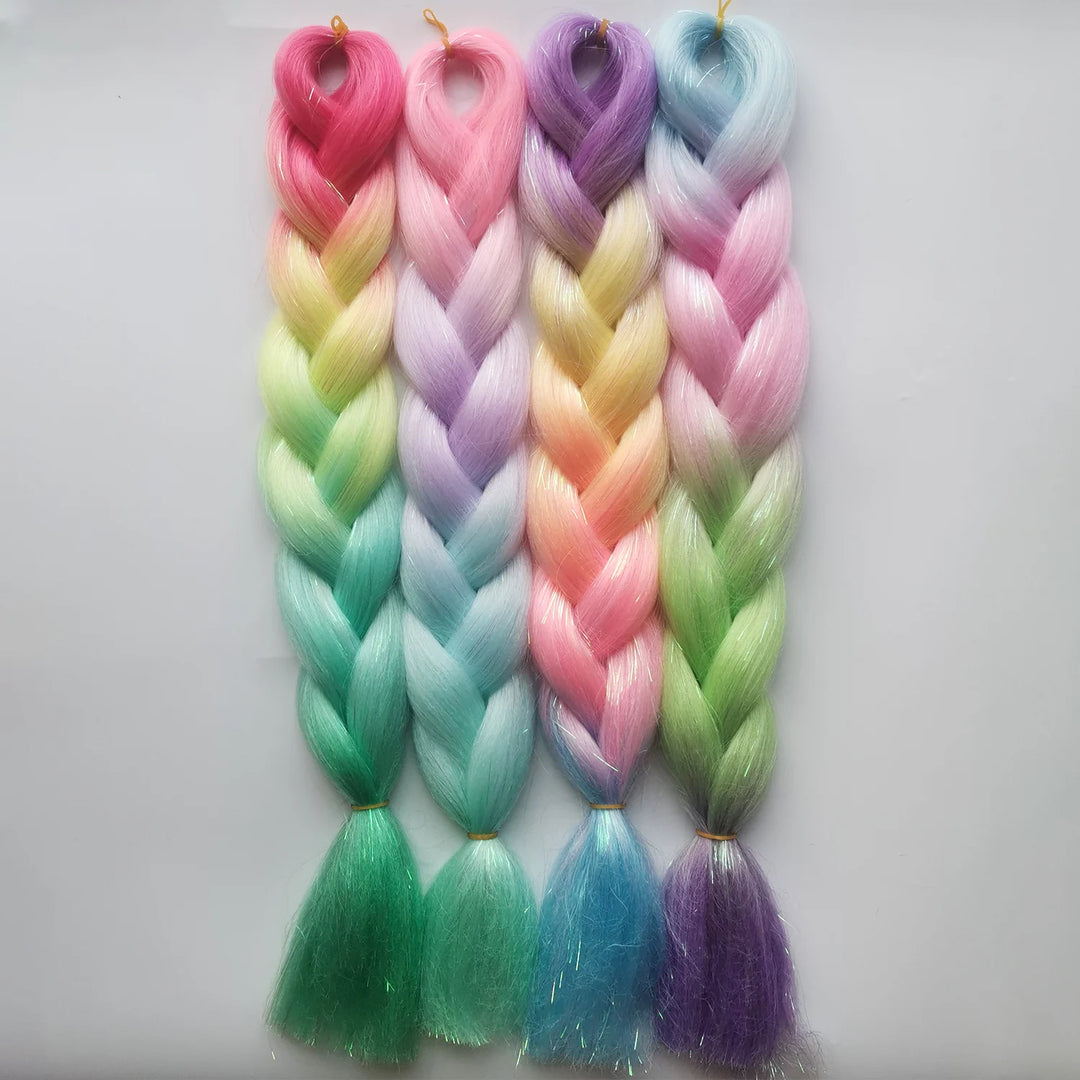 Colored Jumbo Braiding Hair with Mixed Tinsels – 24 Inch Ombre Braids, 4-Tone Synthetic Hair for Festivals & Raves (Girls & Kids)
