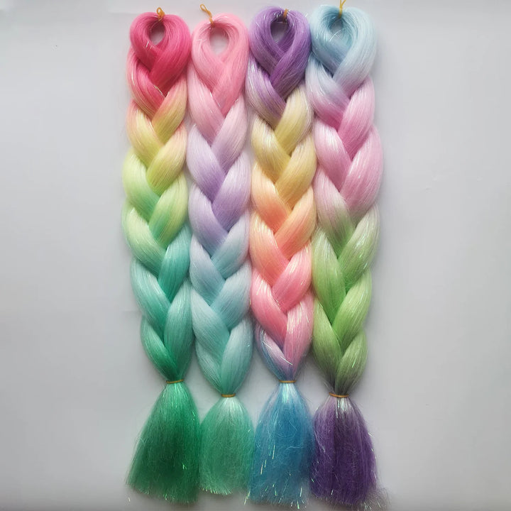 Colored Jumbo Braiding Hair with Mixed Tinsels – 24 Inch Ombre Braids, 4-Tone Synthetic Hair for Festivals & Raves (Girls & Kids)