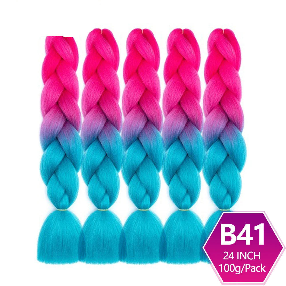 Five braided hair extensions with pink to blue gradient 