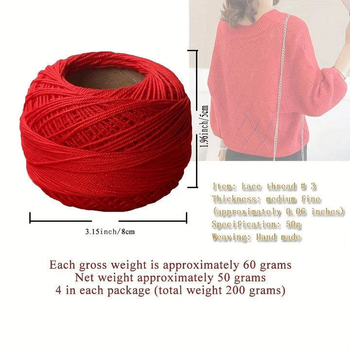 No. 3 Pearl Lace Cotton Thread (4 Pack / 200g) – Fine Hand-Knitting & Crochet Yarn for Shawls, Hats & Summer Outwear