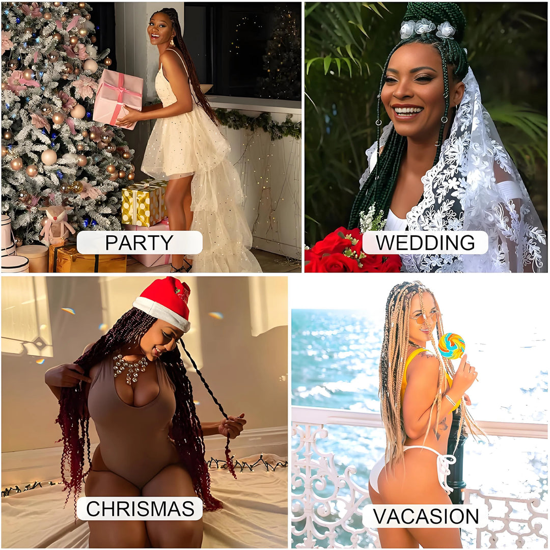 Collage of four images labeled 'Party', 'Wedding', 'Christmas', and 'Vacation' with people in festive or celebratory outfits.