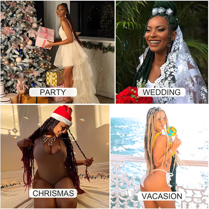 Collage of four images labeled 'Party', 'Wedding', 'Christmas', and 'Vacation' with people in festive or celebratory outfits.