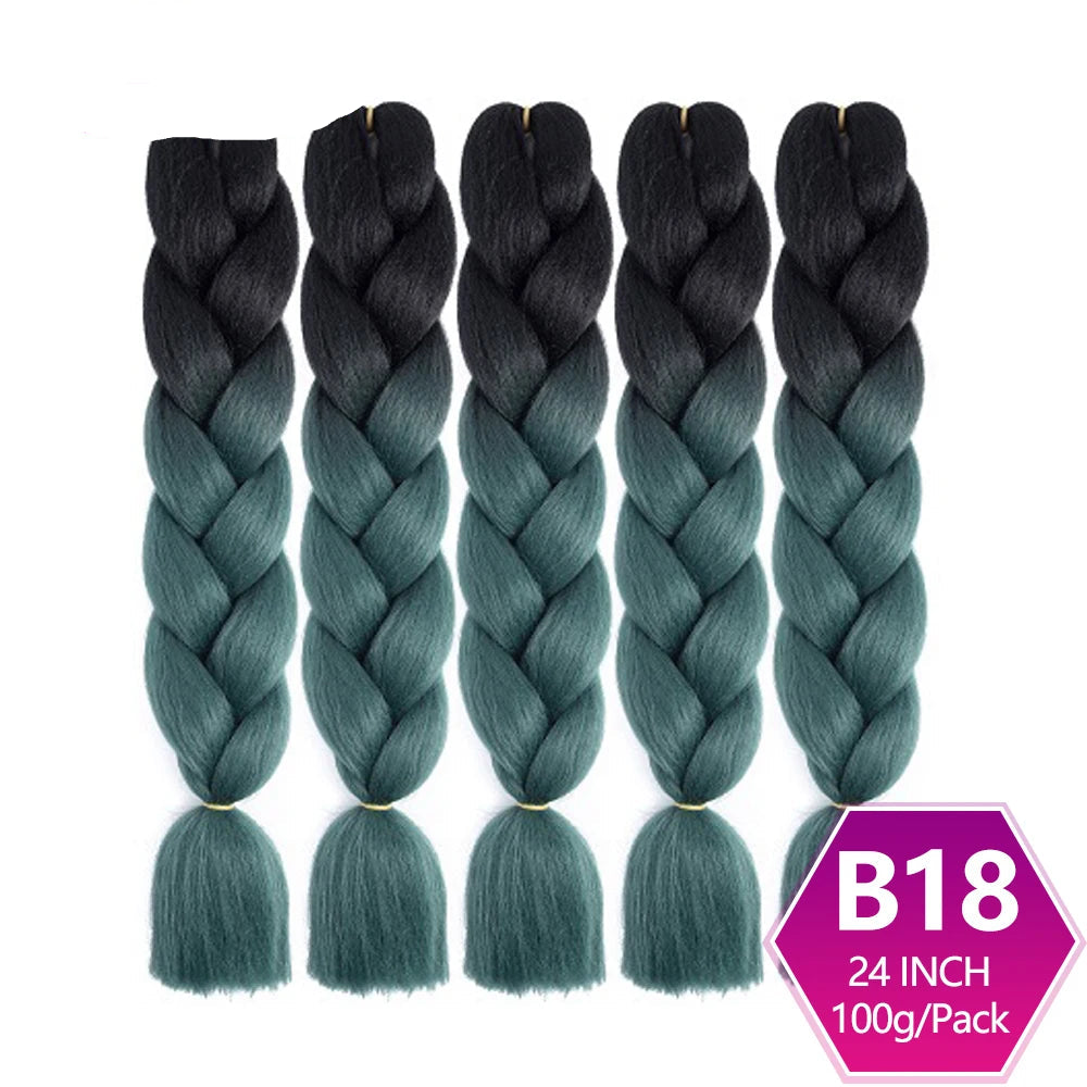Five braided hair extensions with a gradient from black to green