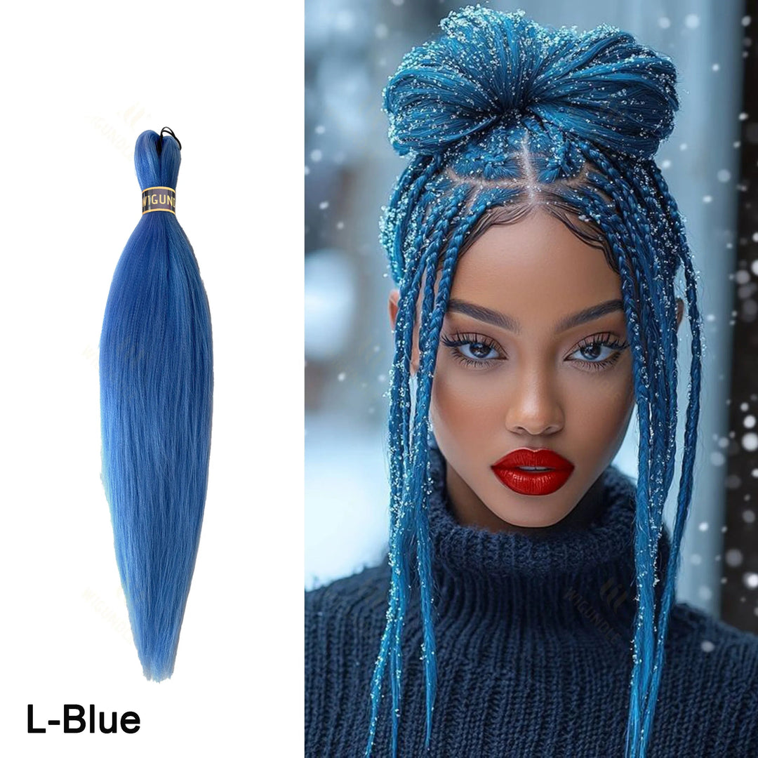Blue hair extensions with a model wearing them