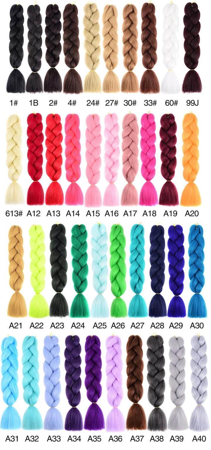 Color swatch of braided hair extensions in various colors.