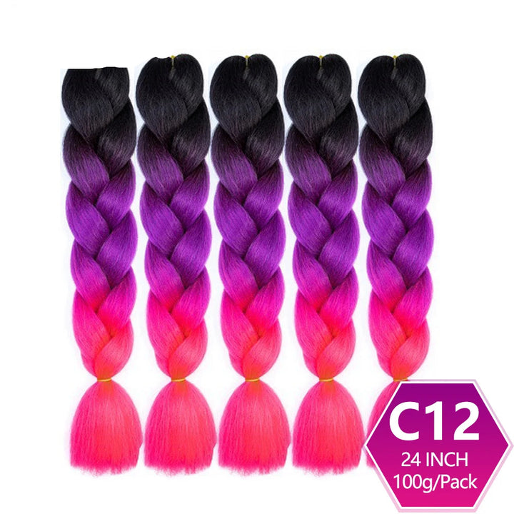 Five braided hair extensions with purple to pink gradient 