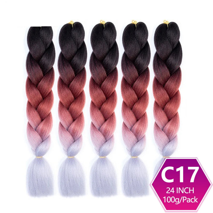 Five braided hair extensions with a gradient color pattern on a white background