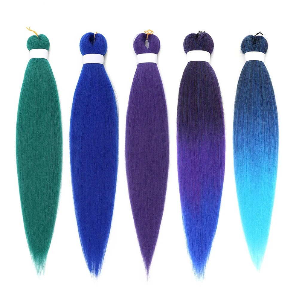 Five bundles of blue and green hair extensions with gradient colors on a white background.