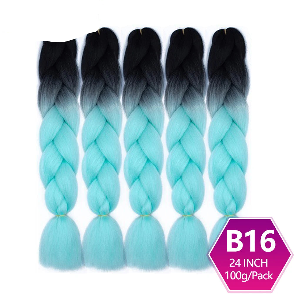 Five braided hair extensions with black to blue gradient