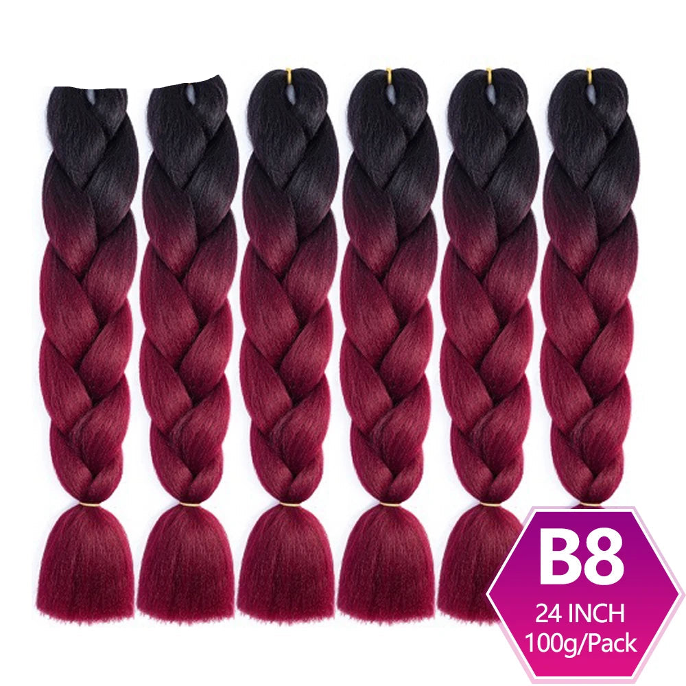 Set of braided hair extensions with ombre black to red color