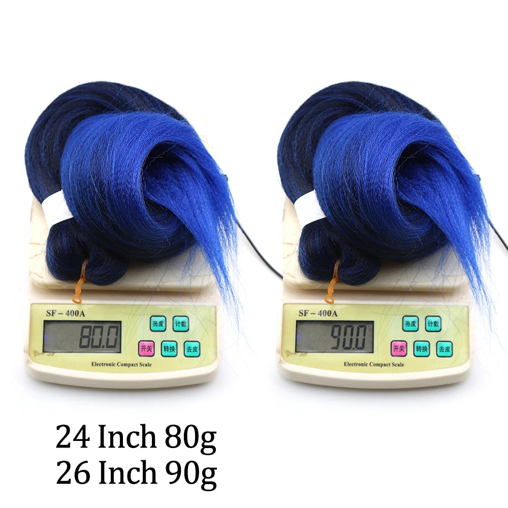 Two bundles of blue hair extensions on digital scales with weight labels.