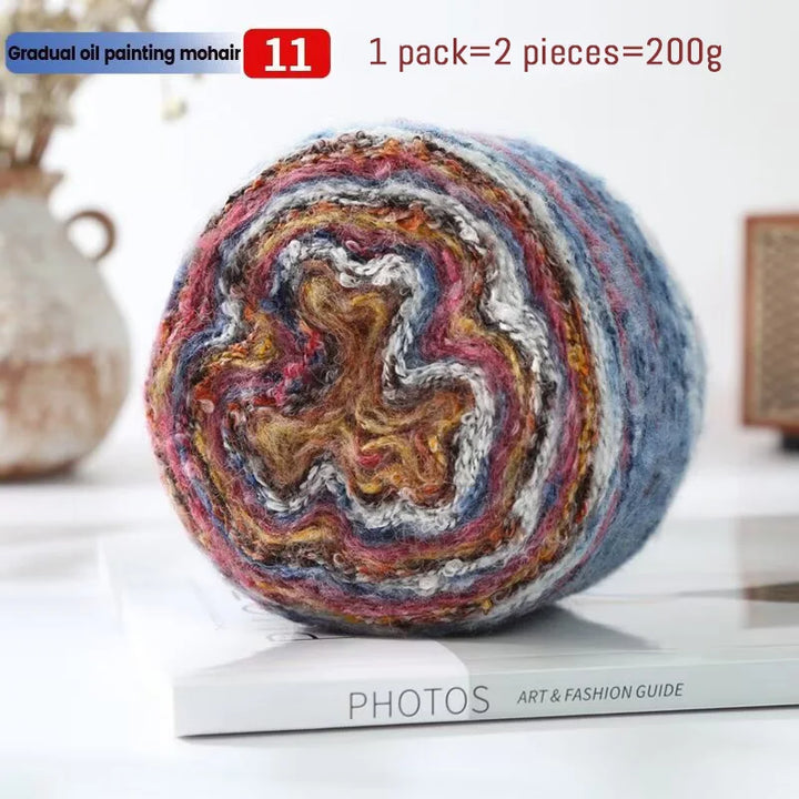 200g Oil Painting Gradient Mohair Wool Yarn (2 Pieces) – Colorful Rainbow Yarn for Sweaters, Coats, Hats & Scarves