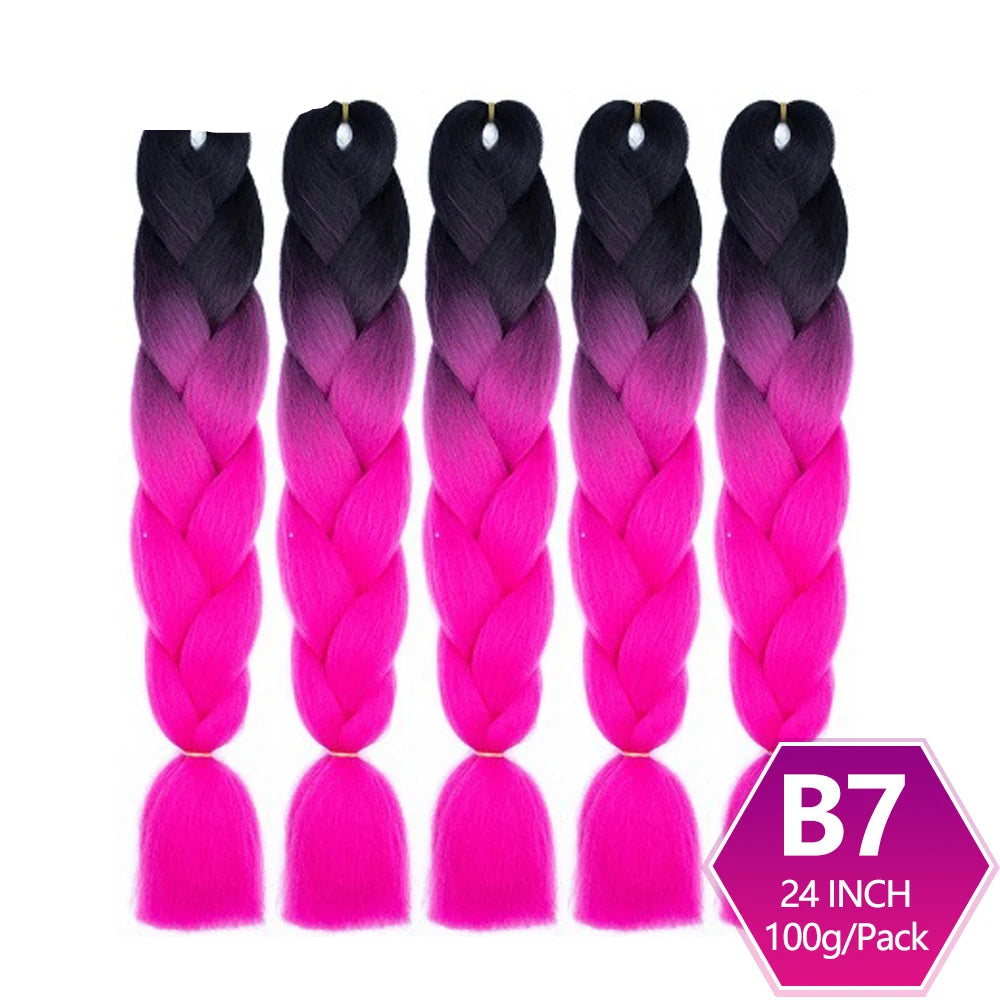 Five braided hair extensions with black to pink ombre color 