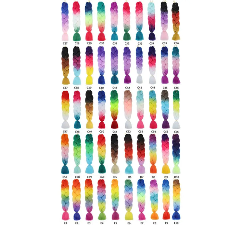 Colorful braided hair extensions arranged in rows on a white background