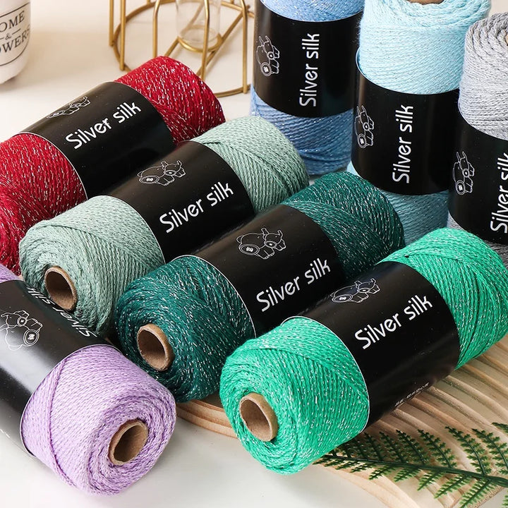 300g Shiny Silver Silk Hollow Yarn – Polyester Crochet Yarn for Bags, Hats, Shoes & DIY Crafts