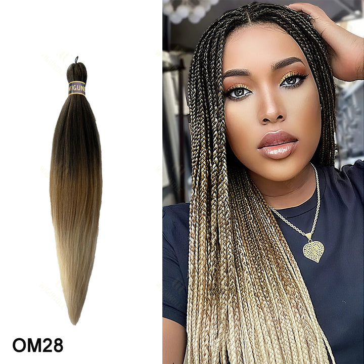Woman with braided hair extensions and a close-up of the hair extensions 