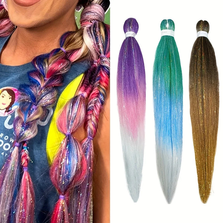 EZ Braids Synthetic Ombre Braiding Hair – 26 Inch Pre-Stretched Colored Jumbo Braids with Tinsel, Rainbow Hair Extensions for Women & Girls DIY