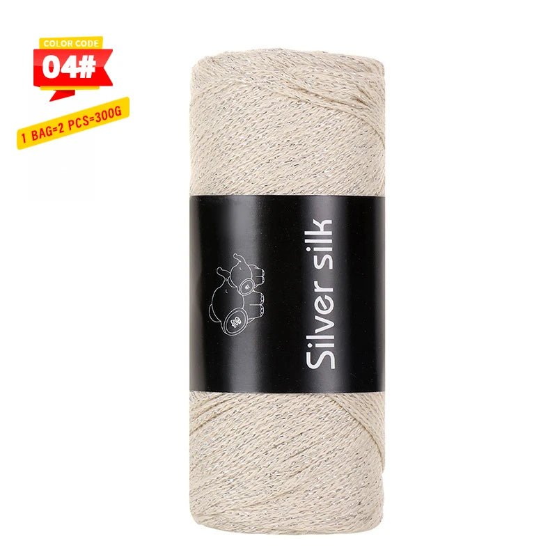 300g Shiny Silver Silk Hollow Yarn – Polyester Crochet Yarn for Bags, Hats, Shoes & DIY Crafts