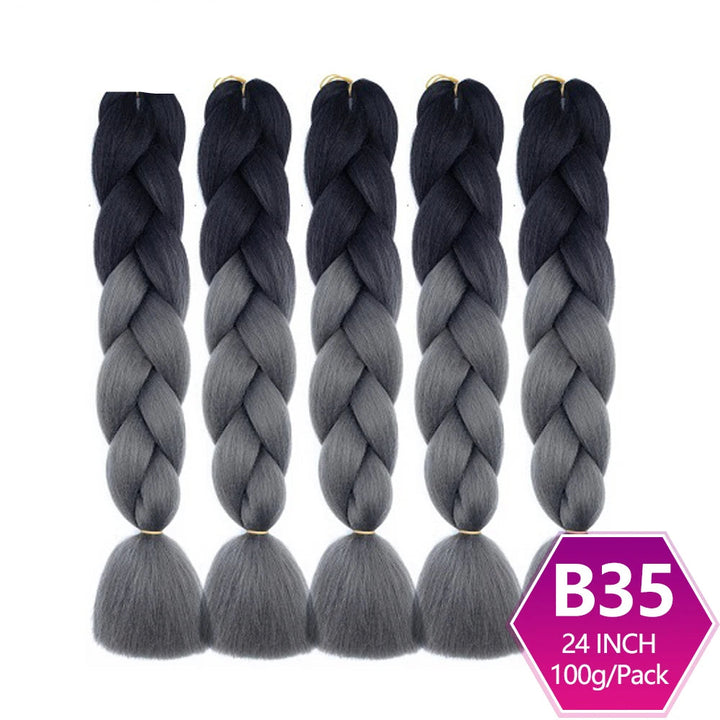 Five braided hair extensions with a gradient from black to gray