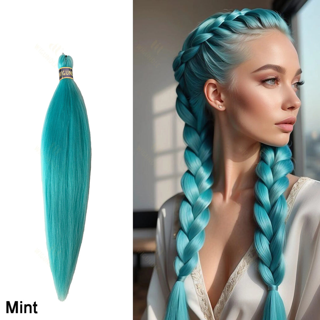 Teal hair extensions with a woman wearing them styled in braids.