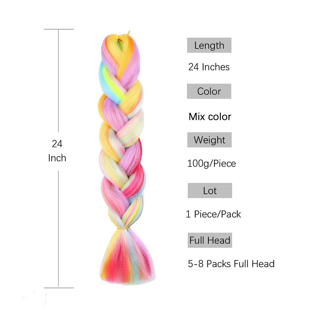 Colorful braided hair extension with product details on a white background