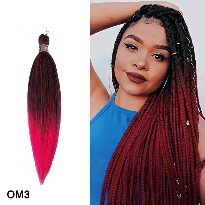 Wig bundle with ombre red and pink color and a woman with styled hair wearing a blue top.