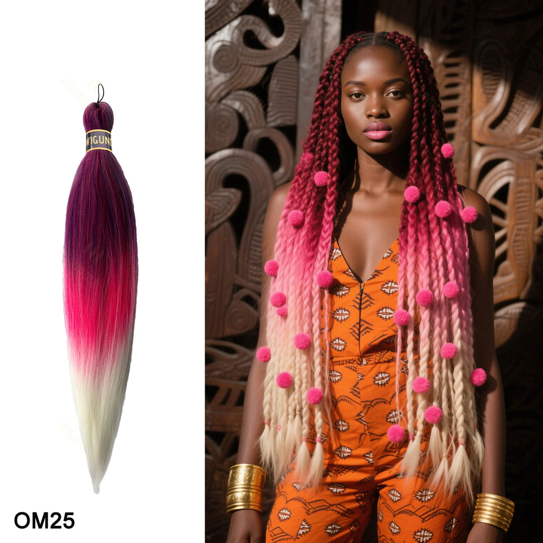 Wig with purple to pink gradient and a woman wearing an orange patterned outfit with pink beads.