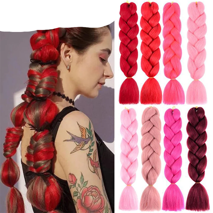 24" Pink Jumbo Braiding Hair – Yaki Texture Synthetic Bulk Extensions (Purple/Red/Green Options)