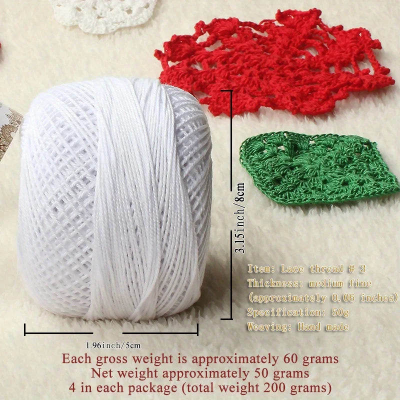 No. 3 Pearl Lace Cotton Thread (4 Pack / 200g) – Fine Hand-Knitting & Crochet Yarn for Shawls, Hats & Summer Outwear