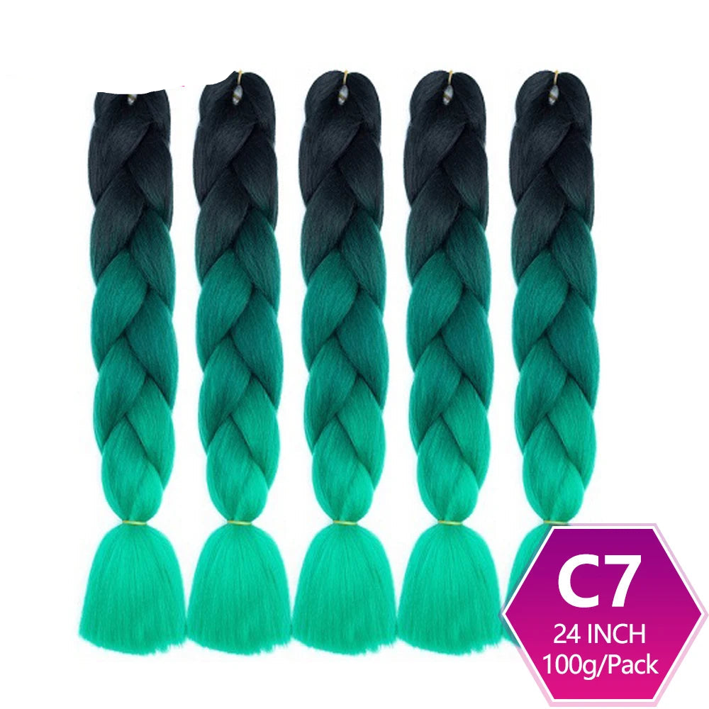 Set of black to green ombre braided hair extensions 