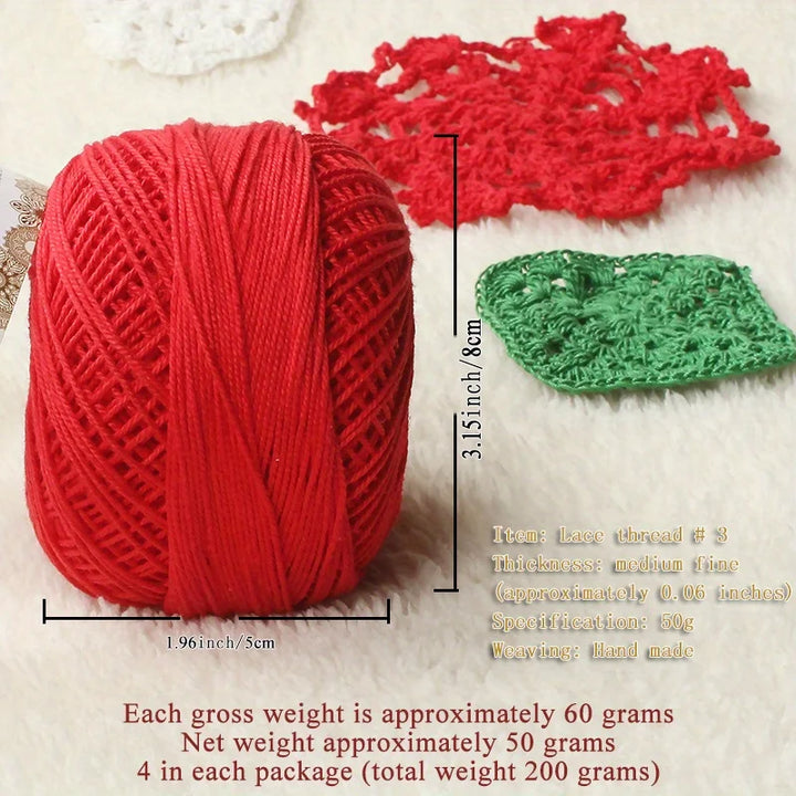 No. 3 Pearl Lace Cotton Thread (4 Pack / 200g) – Fine Hand-Knitting & Crochet Yarn for Shawls, Hats & Summer Outwear