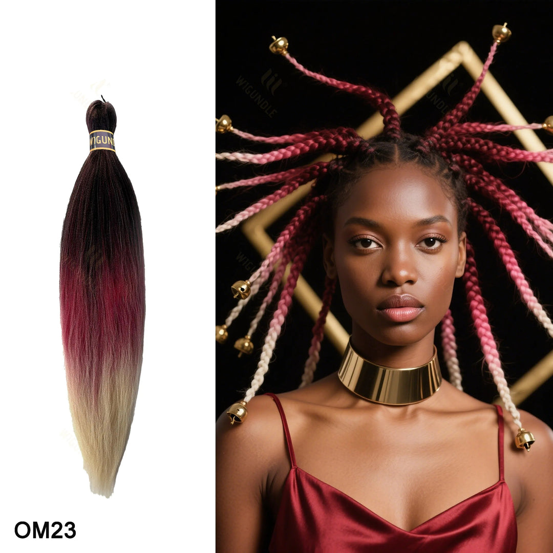 Wig bundle with ombre hair color next to a model wearing styled hair with gold accents.