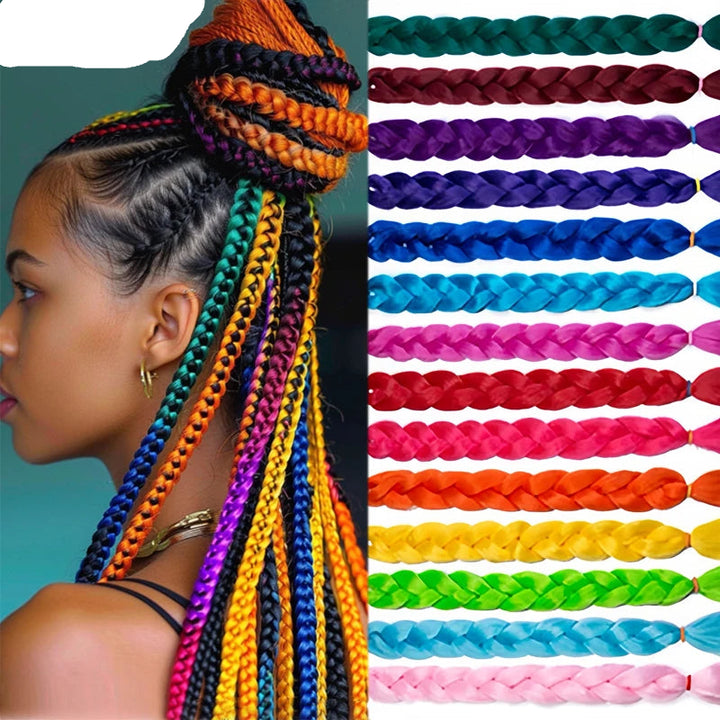 Woman with colorful braided hair next to a grid of braided hair extensions in various colors.