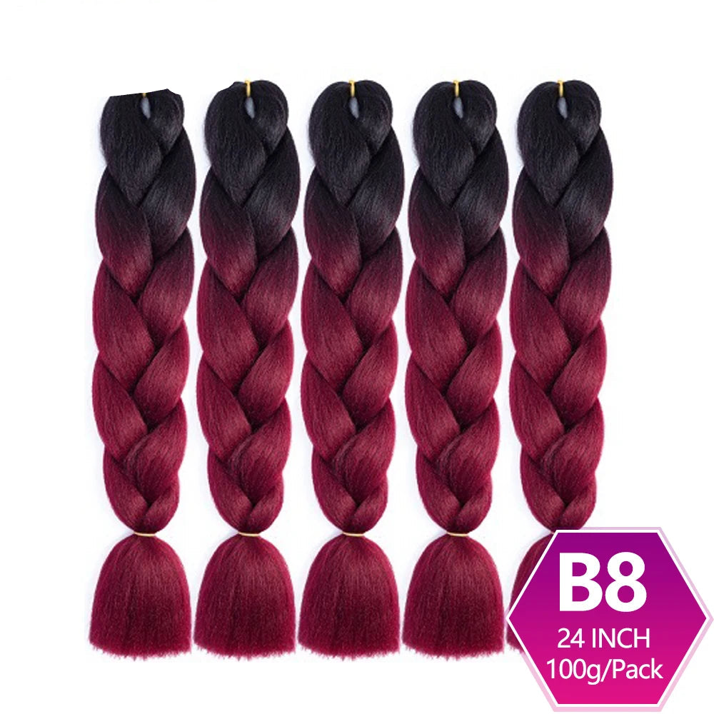 Five braided hair extensions with black to red gradient