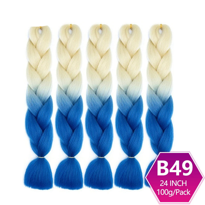 Five braided hair extensions with a gradient from beige to blue