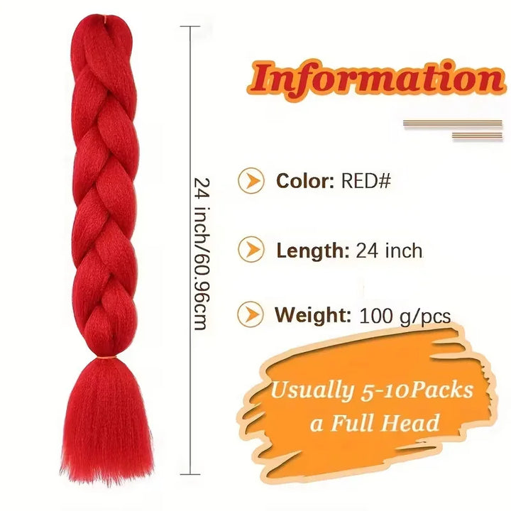 Red braided hair extension with product details on a white background